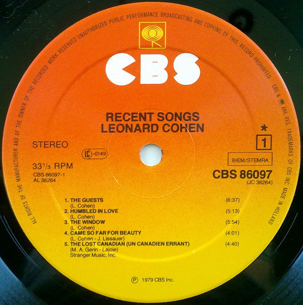 Leonard Cohen ‎– Recent Songs