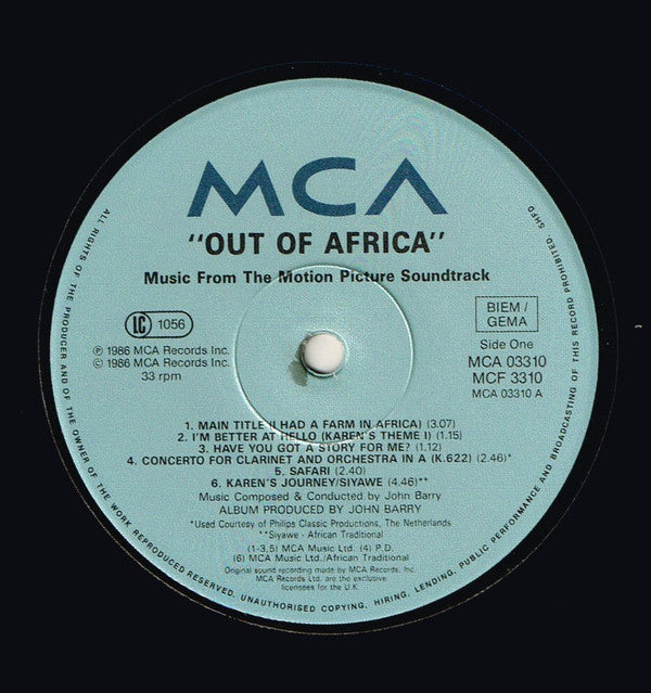 Barry,  John ‎– Out Of Africa - Ost