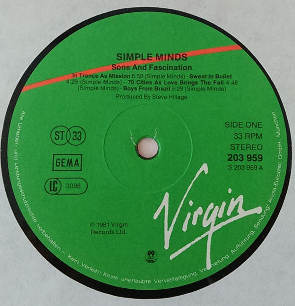 Simple Minds ‎– Sons And Fascination