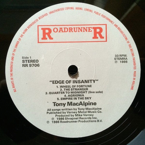 MacAlpine, Tony ‎– Edge Of Insanity
